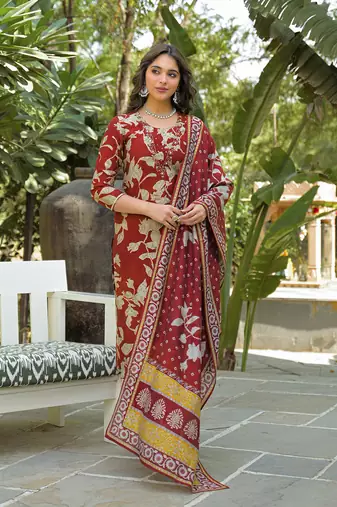 Women brown viscose rayon embroidered straight kurta trousers with dupatta