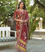 Women brown viscose rayon embroidered straight kurta trousers with dupatta