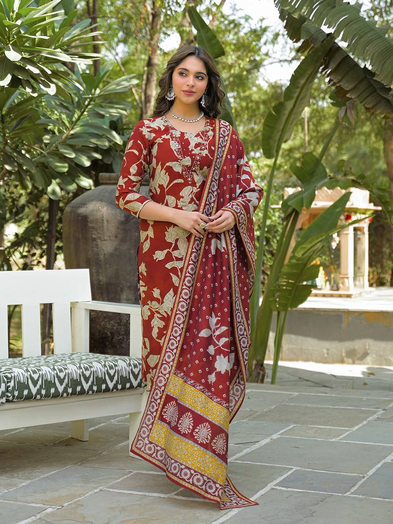 Women brown viscose rayon embroidered straight kurta trousers with dupatta