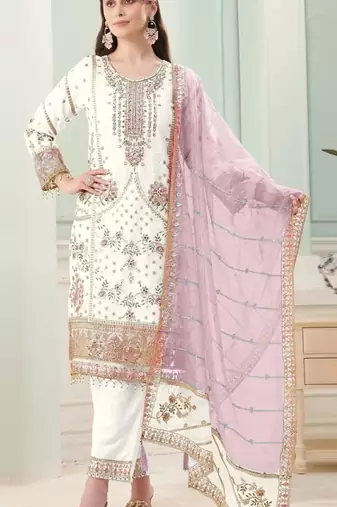 White fox georgette semi stitched suit with embroidery sequence work