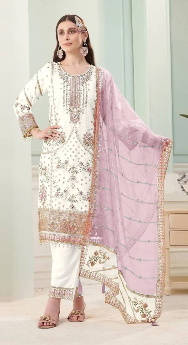 White fox georgette semi stitched suit with embroidery sequence work