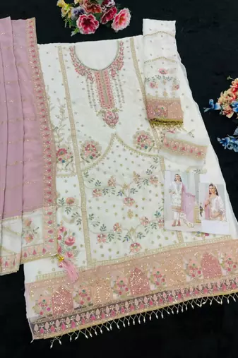 white faux georgette embroidered sequin suit