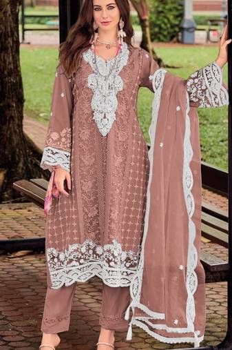 Brown silk semi stitched suit with embroidery sequence work