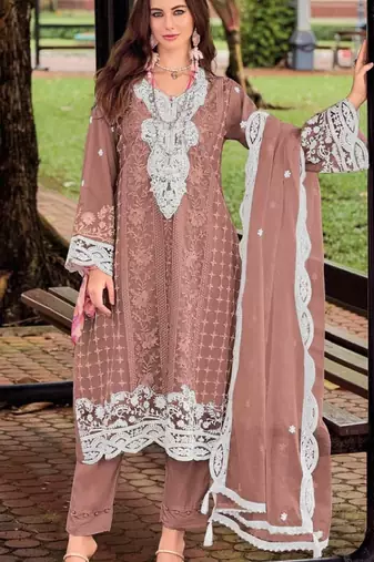 Brown silk semi stitched suit with embroidery sequence work