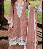 Brown silk semi stitched suit with embroidery sequence work