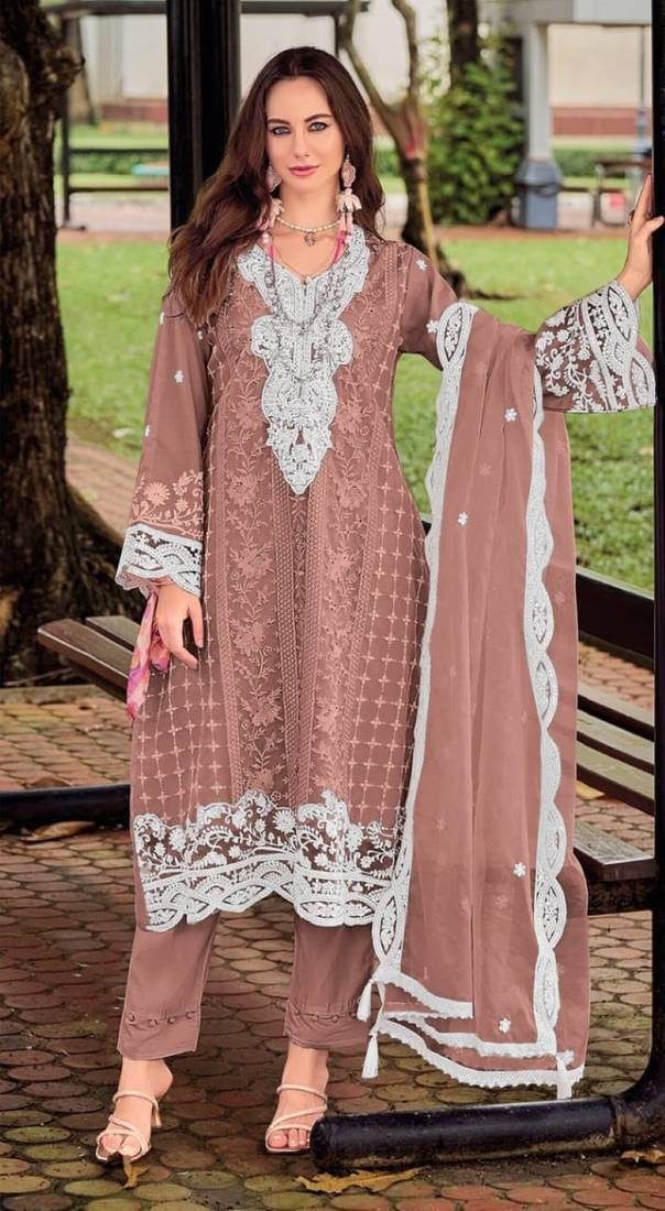 Brown silk semi stitched suit with embroidery sequence work
