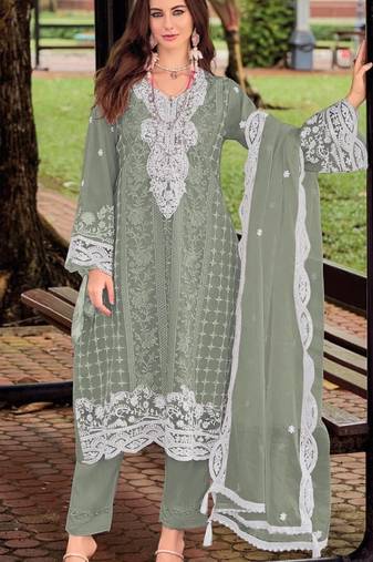 Green silk semi stitched suit with embroidery sequence work