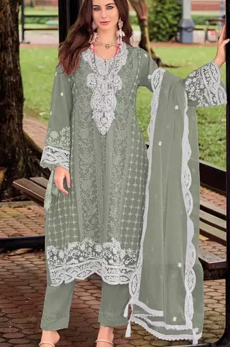 Green silk semi stitched suit with embroidery sequence work
