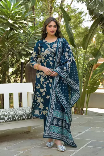 Women navy blue viscose rayon floral printed straight kurta trousers with dupatta