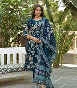 Women navy blue viscose rayon floral printed straight kurta trousers with dupatta