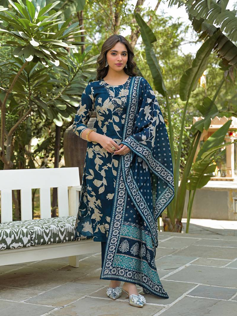 Women navy blue viscose rayon floral printed straight kurta trousers with dupatta