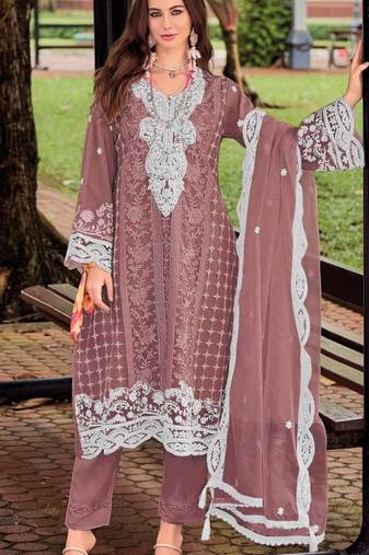 Purple silk semi stitched suit with embroidery sequence work