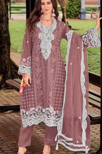 Purple silk semi stitched suit with embroidery sequence work