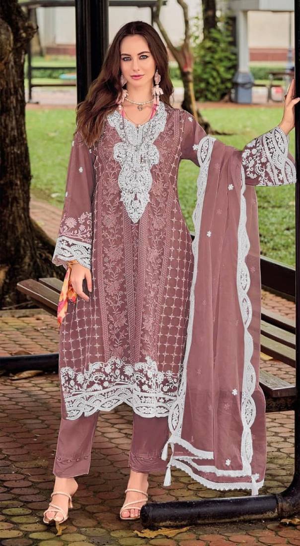 Purple silk semi stitched suit with embroidery sequence work