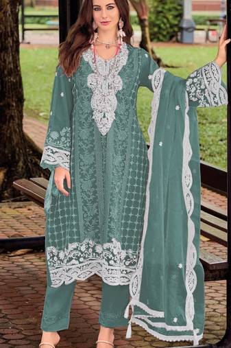 Blue silk semi stitched suit with embroidery sequence work