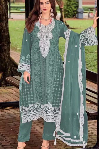 Blue silk semi stitched suit with embroidery sequence work