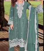 Blue silk semi stitched suit with embroidery sequence work