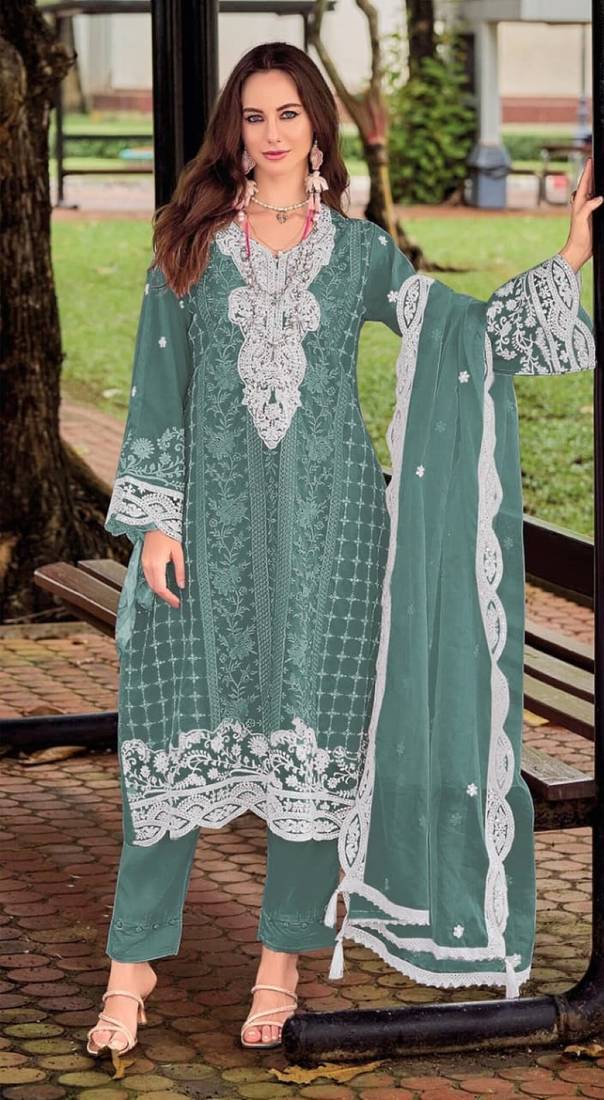 Blue silk semi stitched suit with embroidery sequence work