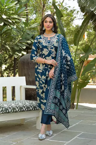 Women navy blue viscose rayon floral printed straight kurta trousers with dupatta