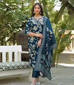 Women navy blue viscose rayon floral printed straight kurta trousers with dupatta
