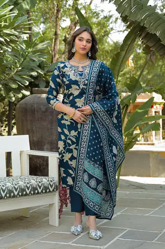 Women navy blue viscose rayon floral printed straight kurta trousers with dupatta