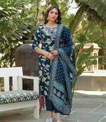 Women navy blue viscose rayon floral printed straight kurta trousers with dupatta