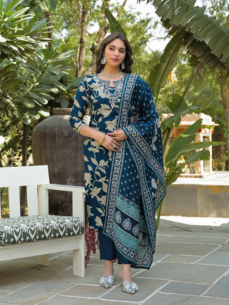 Women navy blue viscose rayon floral printed straight kurta trousers with dupatta