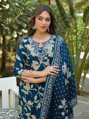 Women navy blue viscose rayon floral printed straight kurta trousers with dupatta 2