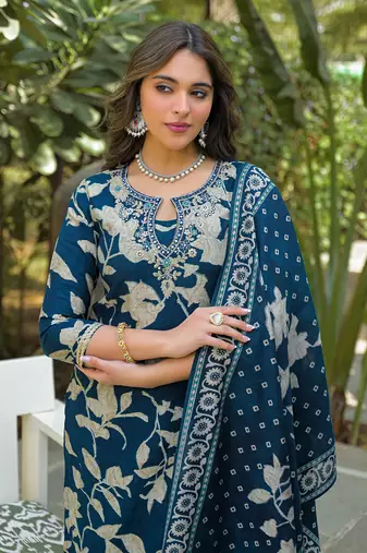 Women navy blue viscose rayon floral printed straight kurta trousers with dupatta