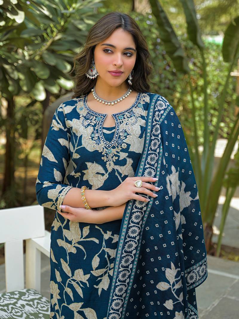 Women navy blue viscose rayon floral printed straight kurta trousers with dupatta
