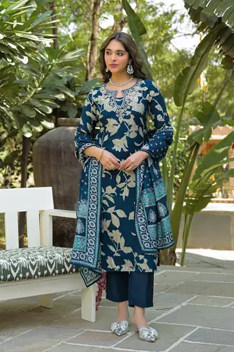 Women navy blue viscose rayon floral printed straight kurta trousers with dupatta