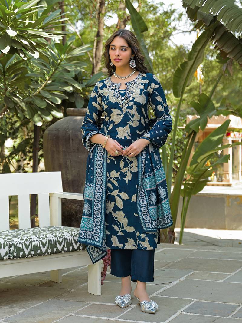 Women navy blue viscose rayon floral printed straight kurta trousers with dupatta