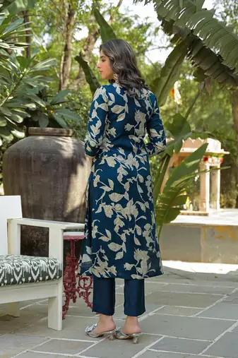 Women navy blue viscose rayon floral printed straight kurta trousers with dupatta