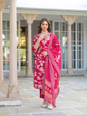 Women red viscose rayon embroidered straight kurta trousers with dupatta 1