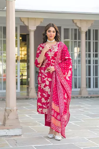 Women red viscose rayon embroidered straight kurta trousers with dupatta