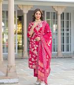 Women red viscose rayon embroidered straight kurta trousers with dupatta