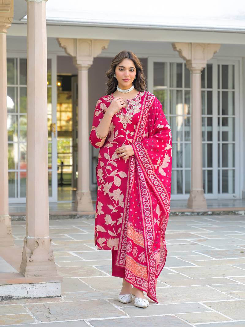 Women red viscose rayon embroidered straight kurta trousers with dupatta