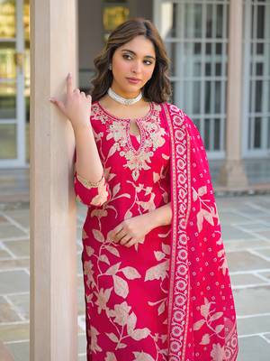 Women red viscose rayon embroidered straight kurta trousers with dupatta 2