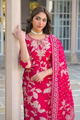Women red viscose rayon embroidered straight kurta trousers with dupatta