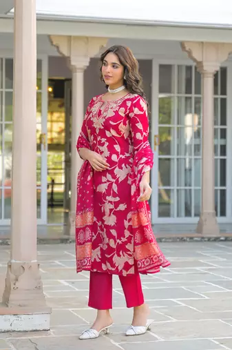 Women red viscose rayon embroidered straight kurta trousers with dupatta