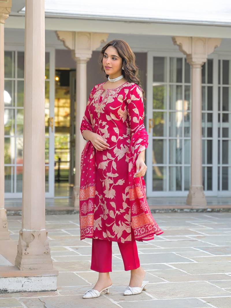 Women red viscose rayon embroidered straight kurta trousers with dupatta