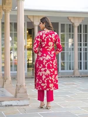 Women red viscose rayon embroidered straight kurta trousers with dupatta 4
