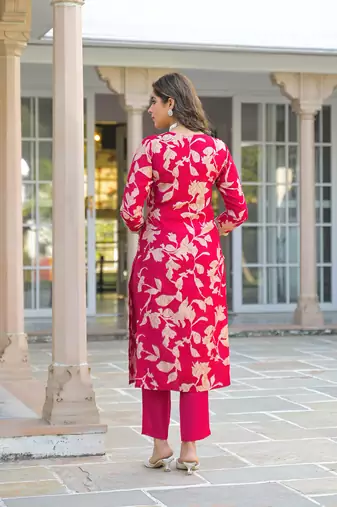 Women red viscose rayon embroidered straight kurta trousers with dupatta
