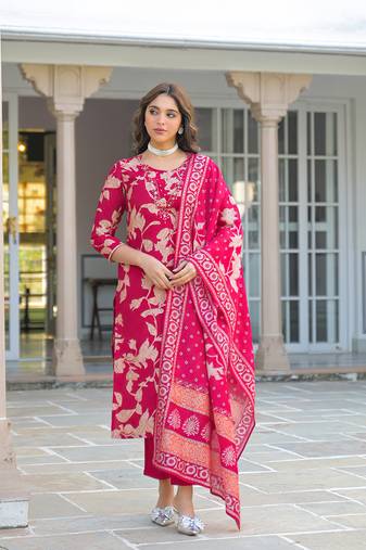 Women red viscose rayon embroidered straight kurta trousers with dupatta