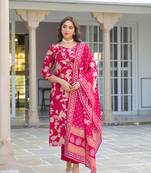 Women red viscose rayon embroidered straight kurta trousers with dupatta