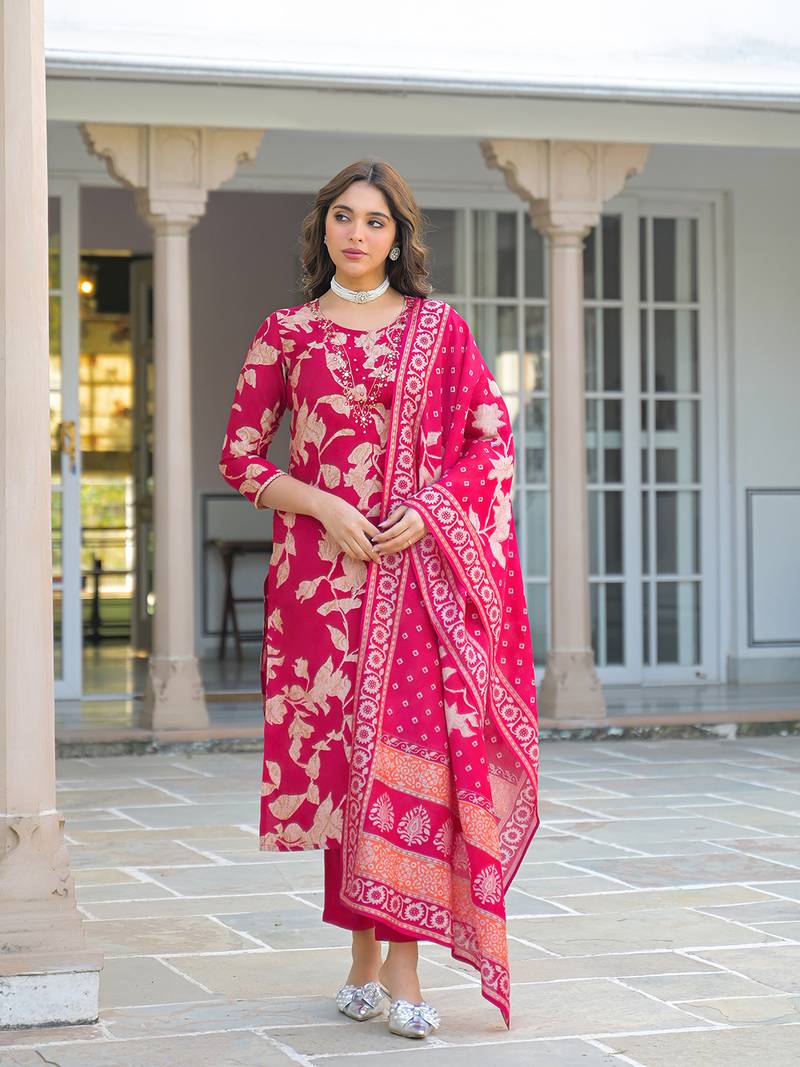 Women red viscose rayon embroidered straight kurta trousers with dupatta