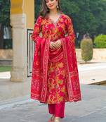Women pink viscose rayon floral printed straight kurta trousers with dupatta
