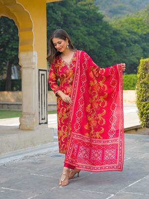 Women pink viscose rayon floral printed straight kurta trousers with dupatta 3