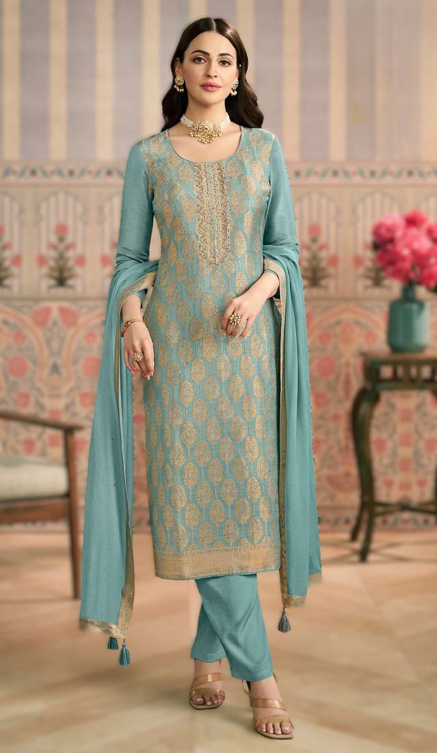 Sky-blue  ready-made premium mirraw suit set 
