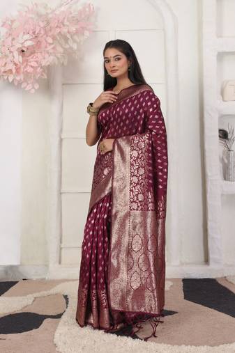 Purple color weving work lichi silk fancy saree with blouse